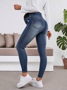 SHEIN Maternity Blue Stretch Distressed Denim Pants - Blue - View 2