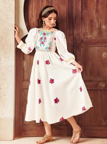 SHEIN Teen Girls Eid Al-Adha Founding Day Ramadan Holiday Dress With Tulle Dress, Viscose Rose & Golden Sequin Trim