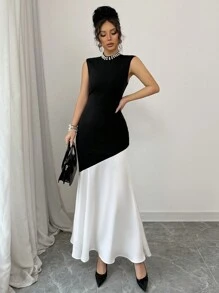 Elenzga Vestido entallado de estilo francés sin mangas de sirena con patchwork para mujeres