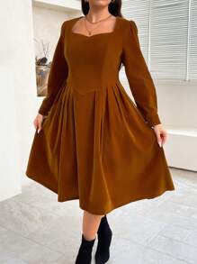 Flirla Einfaches Kleid im französischen Stil, Große Größen, mit quadratischem Ausschnitt, Puffärmeln und taillierter Taille, knielanges Design, für Herbst/Winter