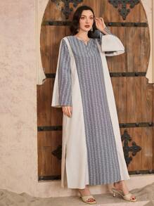 Al Najma Vintage Minimalist Casual Versatile 2025 Spring Colorblock Print Long Sleeve Maxi Cardigan Kaftan Jalabiya Dress - Beige - View 3