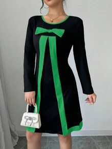 Elenzga Women's Crew Neck Long Sleeve Mini Dress With Bow Decor