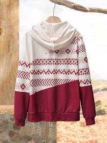 SHEIN LUNE Sweat-shirt à capuche décontracté avec cordon de serrage et imprimé géométrique pour femmes, automne - Rouge foncé - Voir 2