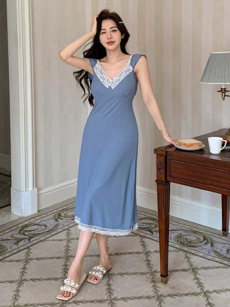 Lovely Knitted Lace Trim Camisole Sleepwear Vintage Sleep Dress Pajama