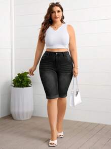 Firerie 大码前扣口袋休闲修身牛仔短裤 - 黑色 - 查看 4