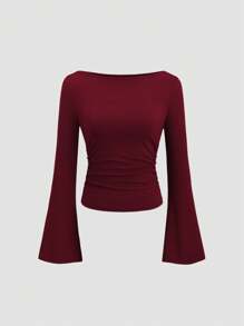 Sweetra Camiseta de mujer casual de unicolor con cuello barco y mangas de campana, para otoño