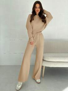 Firerie 2pcs Women Autumn/Winter Casual Slouch Shoulder Knit Pullover Sweater & High Waist Drawstring Pocket Sweatpants Knitted Two-Piece Set - Camel - View 6