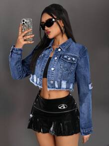 SHEIN ICON Chaqueta corta de jean, casual y de moda para el uso diario - Azul lavado oscuro - Ver 6