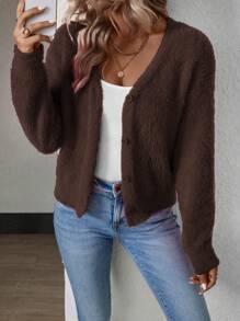 SHEIN LUNE Cardigan court en fausse fourrure marron de couleur unie, style casual pour l'automne et l'hiver