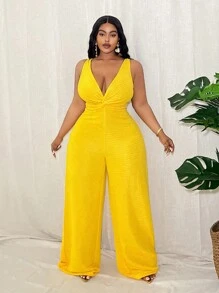 Slaydiva Plus Size Sexy Solid Color Twist Front Deep V Neck Jumpsuit - Yellow - View 6