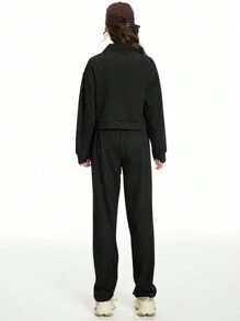 2pcs/Set Teenager Girls' Front Button Long Sleeve Pocket Casual Top And Pants