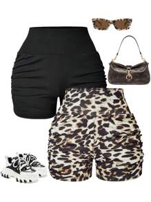SHEIN 2pcs/Set Tween Girls Leopard Print And Black Leggings Set - Multicolor - View 5