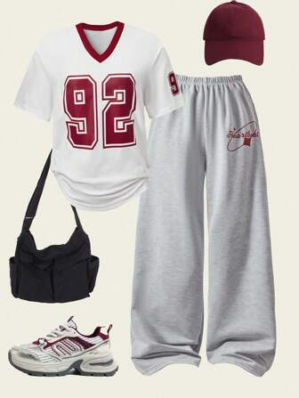 SHEIN 2 Stücke/Set Lässig-Schickes Teenager Mädchen Set mit Nummer Muster V-Ausschnitt Kurzarm Oberteil und weiten Bein Jogginghose