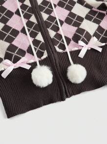 ROMWE Kawaii Y2K Himekaji Millennium Casual School Style Low-Waist Diamond Pattern Cardigan Sweater For Plus Size Women - Brown - View 3