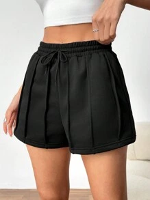 Teen Girl Shorts, Black Knitted Hoodie Shorts With Elastic Waistband And Decorative Stitching, Versatile And Practical