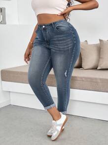 SHEIN EZwear 大码女式破洞口袋紧身休闲牛仔裤，百搭