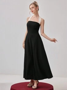 Modelyn 女士拼色系带腰带简约日常连衣裙长款晚礼服 - 黑與白 - 查看 6