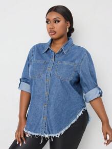 SHEIN Lady Plus Roll Tab Sleeve Patch Pocket Denim Top - Medium Wash - View 4