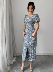 Modelyn 女士花卉提花泡泡袖方领纽扣细节优雅连衣裙 - 藍色 - 查看 6