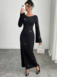 INAWLY Women's Round Neck Long Sleeve Split Hem Slim Fit Backless Dress Fall Cloth For Women - Black - View 3