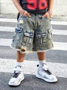 SHEIN SLAYR KIDS Young Boys Street Cool Distressed Vintage Washed Multiple Pockets Ripped Frayed Loose Fit Wide Legs Denim Cargo Shorts,Kids Spring/Summer Clothes Streetwear Outfits