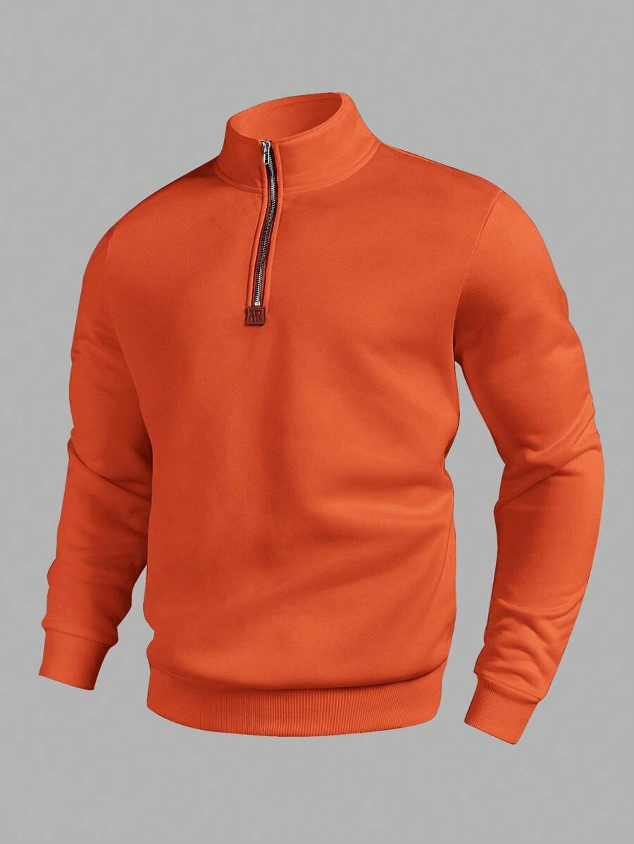 Manfinity Homme Men's Solid Color Zip-Up Half Placket Long Sleeve Pullover Sweatshirt, Autumn/Winter - Orange - View 1