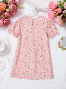 Young Girl Floral Print Casual Round Neck Short Sleeve Long Nightgown Sleepwear - Multicolor - View 2