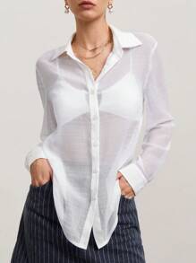 SHEIN Unity Women's Solid Color Button Down Long Sleeve Simple Shirt, Casual Everyday Wear - White - View 6