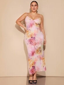 SHEIN BAE Plus Size Women Multi-Color Printed Cami Dress, Suitable For Dates,Valentines Dress,Office Women Outfits,Sexy Red Dress,Spring Women Outfits,Valentines Bow,Valentines Gift,Short Dress,Easter Girls Dresses,Brazilian Carnival,Princess Girls Dress,Bachelorette Party,Western Women Dress,Back To School Dress For Summer