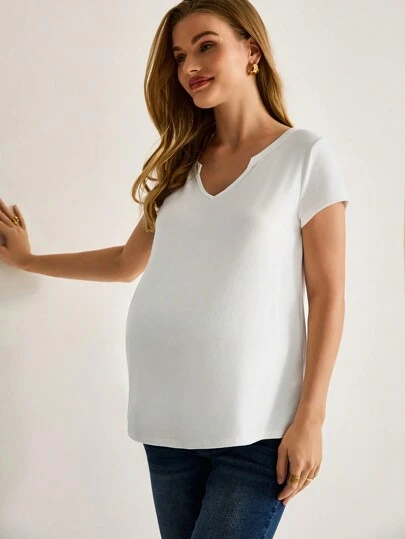 MaterniWear Camiseta casual de maternidad de unicolor con cuello en V y manga corta para uso diario