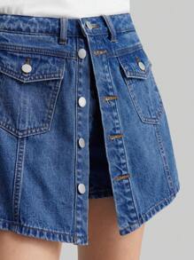 Ontre กระโปรงยีนส์ขาสั้นเอวต่ำสตรี สีน้ำเงิน - สียีนส์กลาง - ดู 5