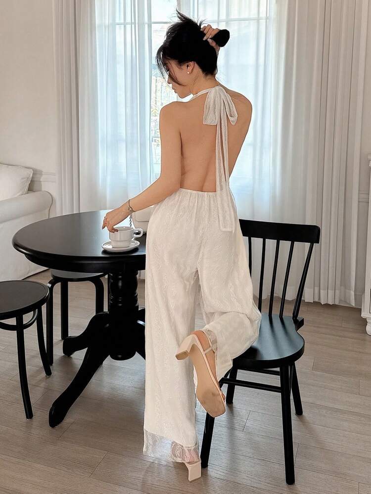 Elegant Women's Contrast Lace V-Neck Loose Jumpsuit, Spring/Summer Cruise Women Outfits Women Jumpsuits, Beach Outfits Jumpsuit For Women
