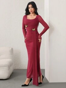 Modelyn Women's Elegant Mesh Butterfly Decor Ruched Waist Dress, Suitable For Dates - Burgundy - View 6