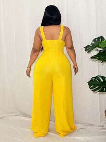 Slaydiva Plus Size Sexy Solid Color Twist Front Deep V Neck Jumpsuit - Yellow - View 2