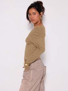 MUSERA 宽松肩部纹理长袖上衣，适合派对、生日等秋季场合。 - 卡其色 - 查看 2