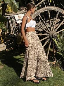 Livesso 女士豹纹荷叶边褶裥半身裙，休闲百搭，适合春夏秋季度假穿着，花卉图案。 - 棕色 - 查看 5