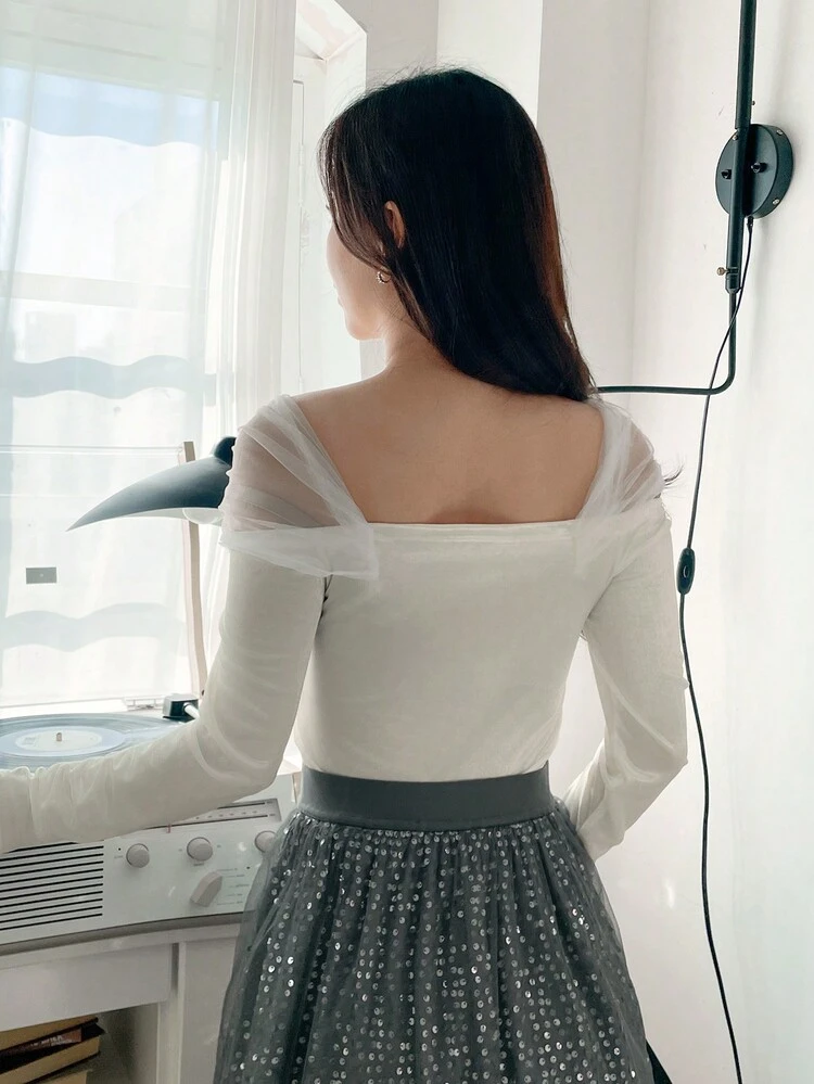 Women's Off Shoulder T-Shirt With Mesh Panel, Suitable For Valentine's Day