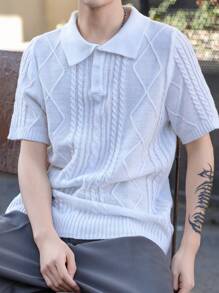 Claim Dot 男式纯色纽扣细节纹理休闲短袖针织上衣 - 白色 - 查看 5