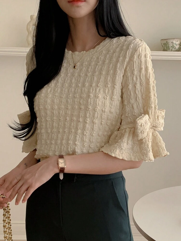 New Spring Valentine's Day Puff Sleeve Bow Decor Special Fabric Women T-Shirt