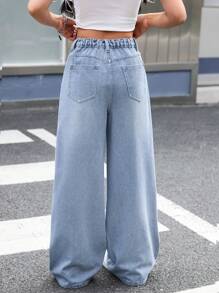 SHEIN Teen Girls Y2K Fashion Retro Grey Washed Low-Waisted Slanted Pocket Casual Wide Leg Baggy Jeans Loose Pants, Girls Streetwear Clothes Outfits - Light Wash - View 2