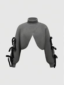 ROMWE Kawaii Plus Size Women's Cute Asymmetrical Hem Bowknot Decor Sweater With Ribbed Cuffs
