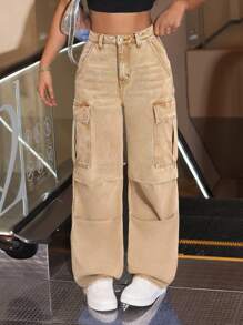 SHEIN 青少年女孩 Y2K 时尚宽松卡其色褶皱牛仔裤，适合日常穿着 - 卡其色 - 查看 1