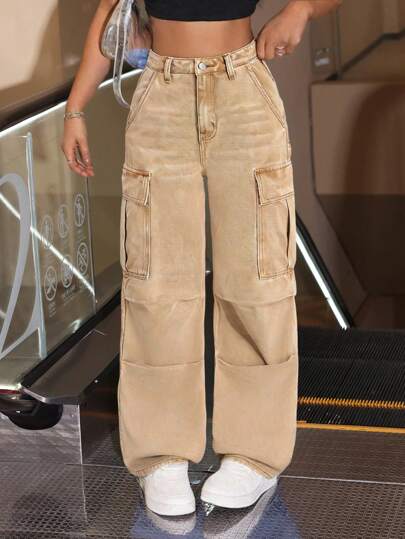 SHEIN 青少年女孩 Y2K 时尚宽松卡其色褶皱牛仔裤，适合日常穿着