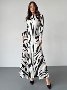 Firerie Women Elegant Autumn/Spring New Pleated Geometric Pattern A-Line Long Sleeve Bodycon Long Dress For Going Out,Teacher,Valentine's Day