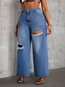 SHEIN SXY Plus Size Women Distressed Pocket Loose Casual Jeans - Blue - View 6