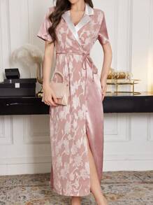 Modelyn Embroidered Jacquard White Lapel Collar Splice Elegant Slim Fit Dress For Women - Pink - View 5