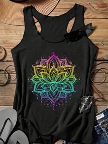 SHEIN LUNE 女士宽松休闲彩色海娜纹身莲花印花背心，休闲款 - 黑色 - 查看 5