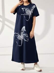 Mulvari Women Letter & Butterfly Print Casual Round Neck Loose Long Dress - Navy Blue - View 3