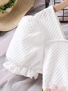 SHEIN Glamorique Kids Young Girl White Princess Dress With Waist Floral Belt, Short Sleeve Mesh Puff Party Wedding Flower Girl Dress - Mustard Yellow - View 6