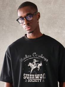 SUMWON Sumwon Society Vintage Rodeo Cowboys Graphic Oversized T-Shirt Western Streetwear Festival Concert Casual Summer Spring